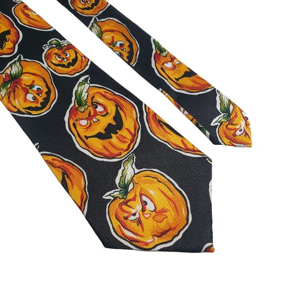 Pumpkin Mens Necktie Tie Scary Jack O Lantern Novelty Halloween Holiday Dad Gift - Picture 2 of 5